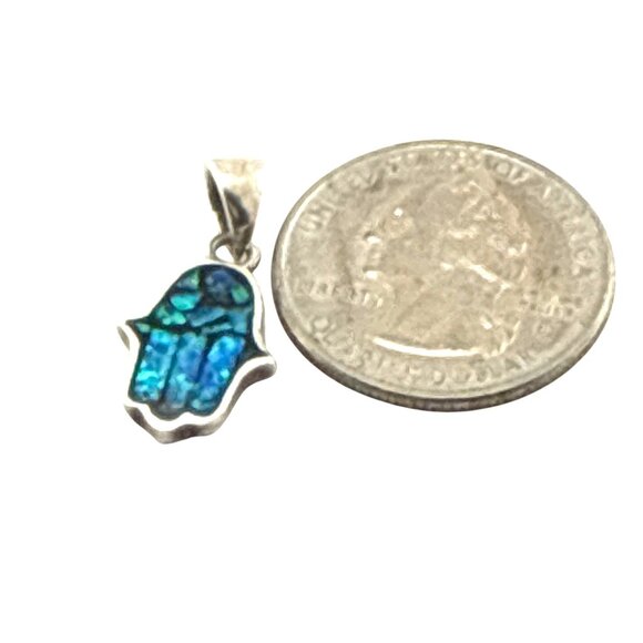 Sterling Silver Mosaic Opal Hamsa Hand Pendant Blue Green 1"  Signed 925 - Picture 4 of 8